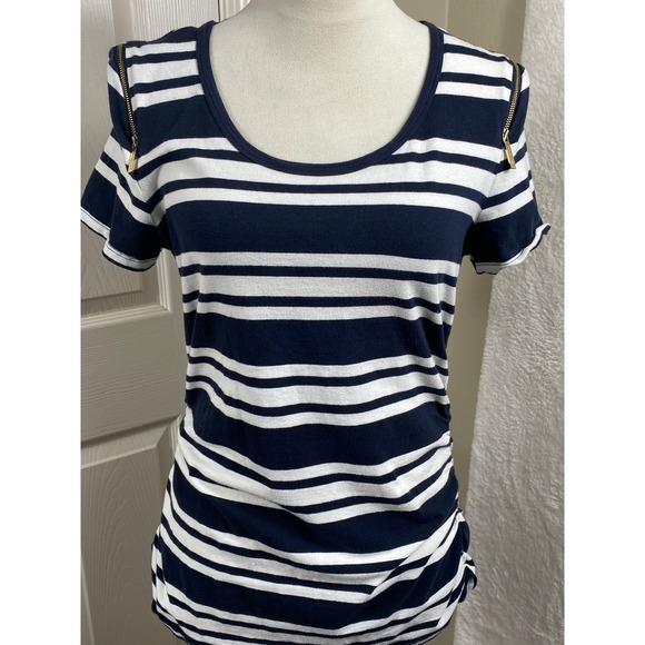 Michael Kors Striped T-Shirt Gold Zipper Detail Short‎ Sleeve Top Large Nautical - Picture 1 of 8
